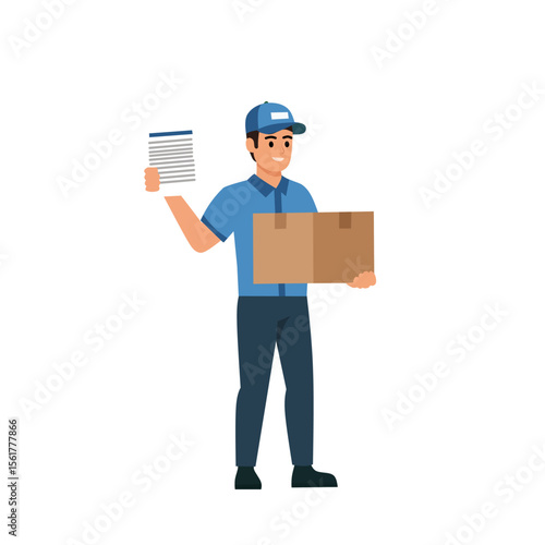Courier in uniform holding a cardboard box and delivery document, standing with a smile ready to ship packages