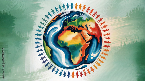 A digital illustration of a globe surrounded by a ring of diverse human figures standing in a circular formation