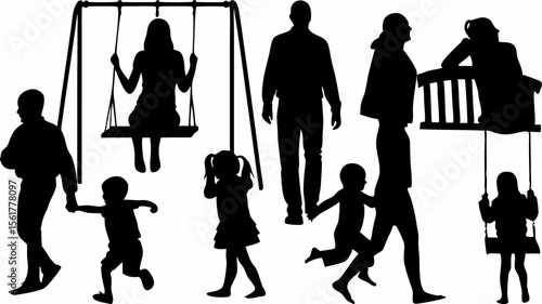 Silhouette illustration of people at a park with swings, bench, parents and children in black color