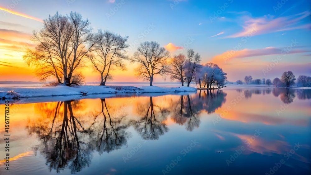 Winter sunrise over calm water with bare trees landscape Winter sunrise over calm water with bare trees landscape