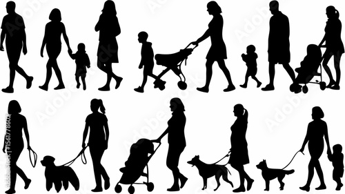 Silhouettes of people walking with children strollers and dogs in a park setting graphic art