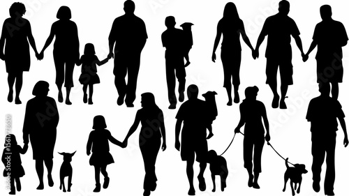 Silhouette image showing families walking together with children and dogs in an outdoor setting view