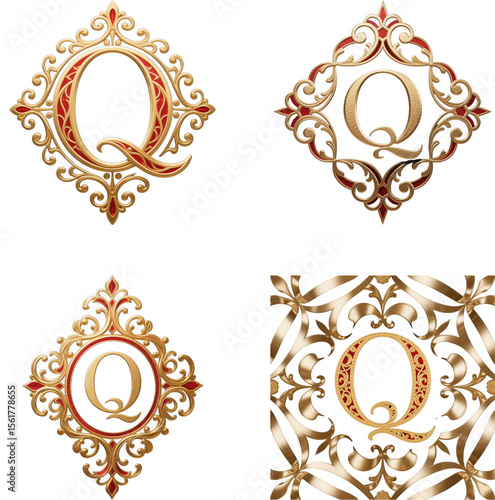 Q　文字　アルファベット　金　赤