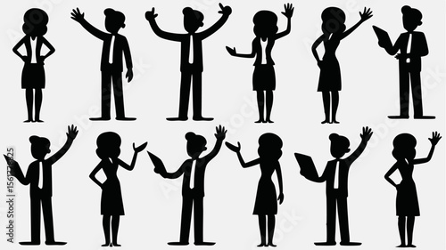 Silhouette figures of business people in various poses and gestures on a white background design