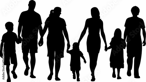 Silhouette of a family walking together holding hands with parents and children in a simple vector art