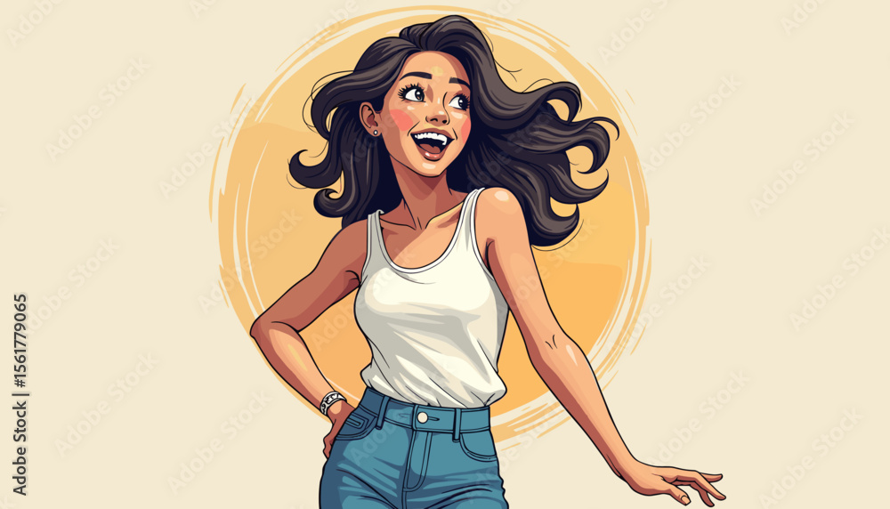 Joyful woman smiling against a warm, sunlit background Joyful woman smiling against a warm, sunlit background