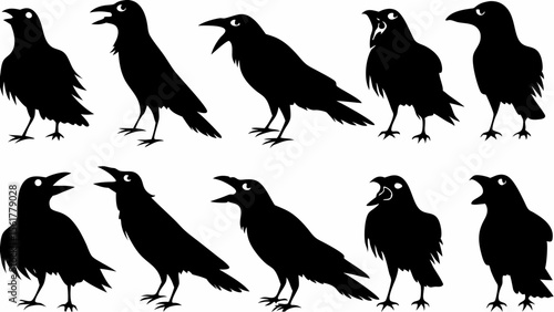 Silhouette illustration of ten crows standing and cawing in various positions and orientations