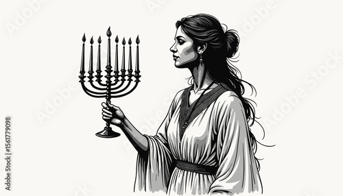 Woman holding menorah in traditional attire