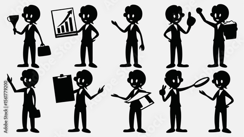 Illustration of multiple businesswomen in various poses holding different objects in black silhouette style