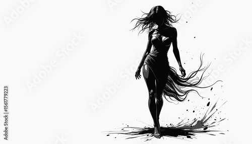 Silhouette woman walking with flowing hair against white background
