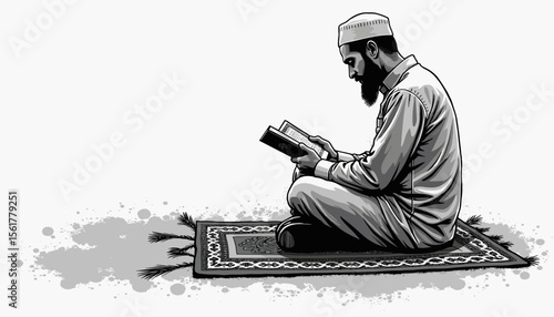 Man reading Quran while sitting on prayer rug
