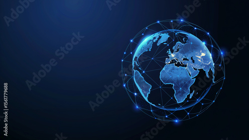 digital illustration of a glowing blue Earth globe against a deep navy blue background
