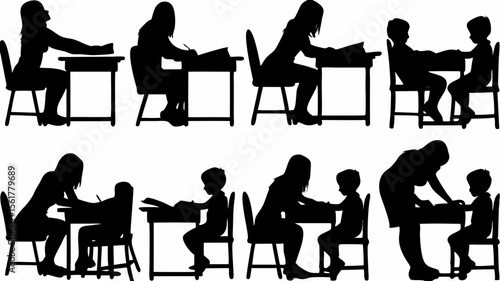 Silhouette of students and teachers in a classroom setting at desks working together on assignments