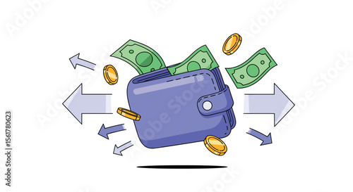 Illustrating the concept of financial transactions and money movement into and out of a wallet securely and efficiently