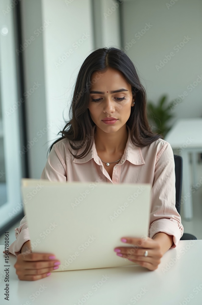 Young Indian Woman Focused Reading Document In Office Indoors Business Work Concept Young Indian Woman Focused Reading Document In Office Indoors Business Work Concept