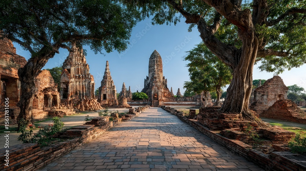 Obraz premium Tranquil Pathway to Ancient Ayutthaya Temples Framed by Majestic Trees