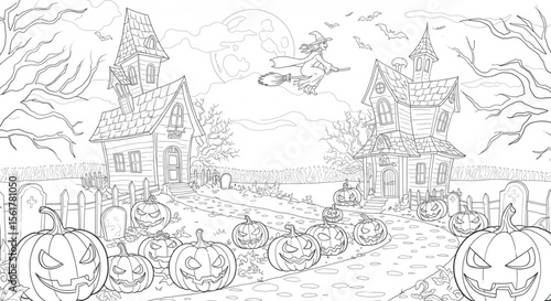 Spooky Halloween Coloring Page Haunted Houses, Pumpkins, and Witch