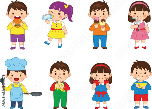 Cartoon kids eating and cooking food, cad drawing flat vector illustration, diverse children holding snacks, chef hat, playful meal sketch