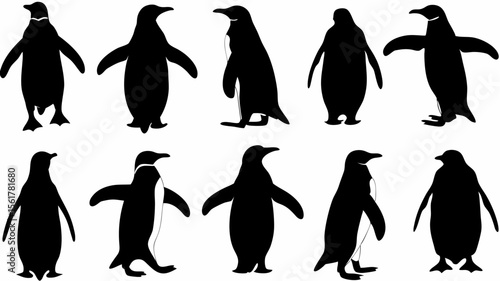 Silhouette depiction of ten penguins in various poses against a white background design element