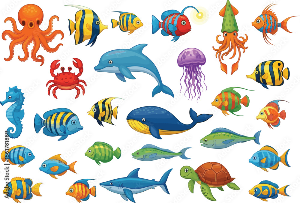 Naklejka premium Cartoon sea animals collection, cad drawing flat vector illustration, colorful underwater creatures, fish, octopus, turtle, dolphin, child-friendly marine sketch