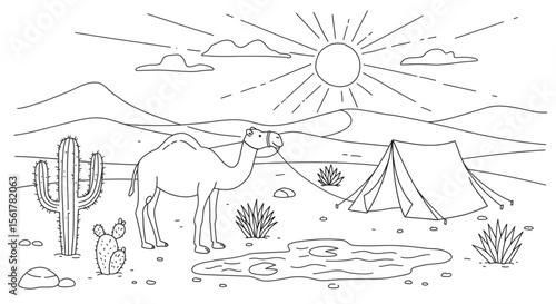 Desert Oasis Camel, Tent, and Cactus Line Art Illustration