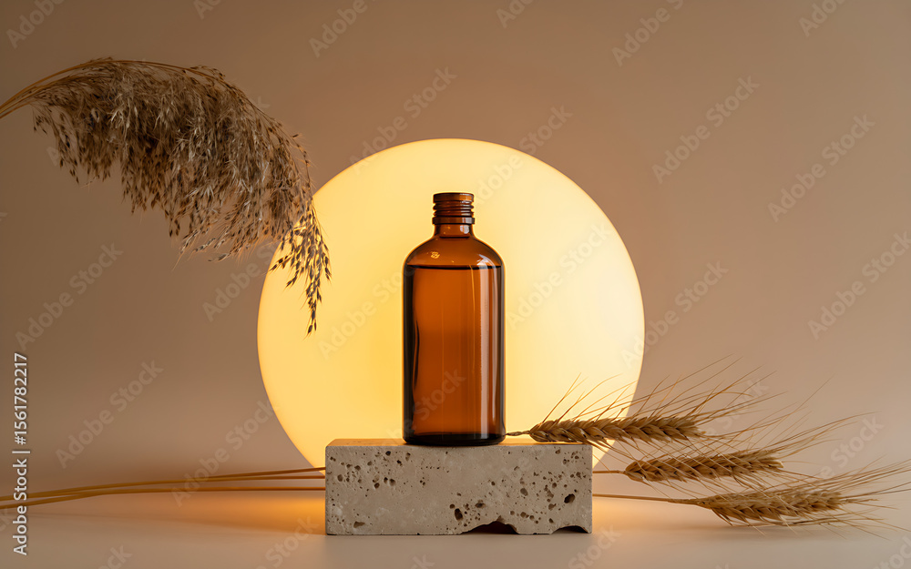 Fototapeta premium A brown amber bottle of essential oil sits on a small concrete block, illuminated by a soft light, with pampas grass and wheat adding to the calm and minimalist aesthetic