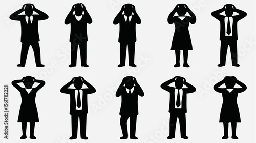 Silhouetted figures with hands on head depicting stress or frustration in a repeated pattern view