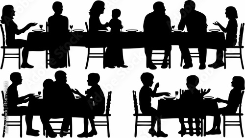 Silhouette illustration of a family sitting at a long table having a meal and conversing together