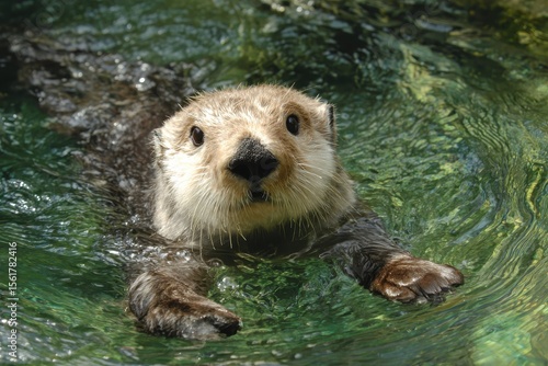 Otter Floating. Wildlife Animal near River in Nature Habitat