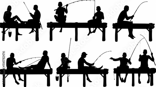 Silhouettes of people fishing from piers with rods and lines in various poses and positions shown