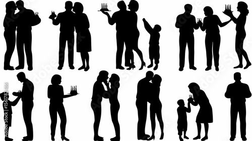 Silhouette depictions of families celebrating with cake and intimate moments of couples in black