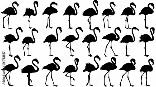 Silhouette pattern featuring a multitude of flamingoes in various poses and orientations shown together
