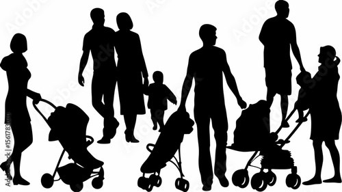 Silhouette depiction of families with children and strollers walking together outside in public place