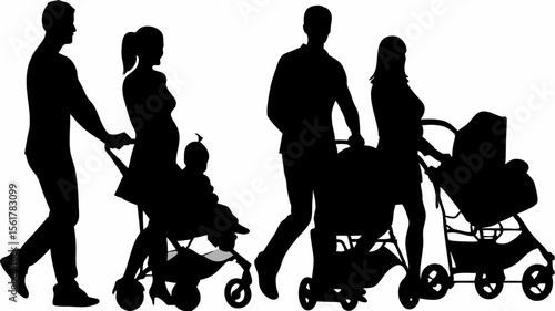 Silhouette of two couples walking with baby strollers on a white background illustration art design