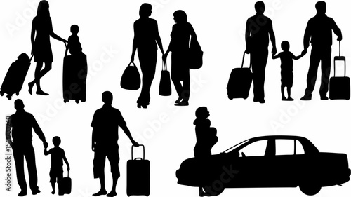 Silhouette image showing families with luggage near a car ready for a vacation trip together