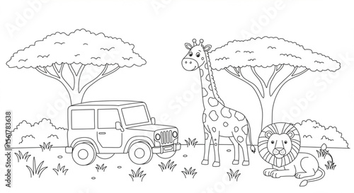 Safari Adventure Coloring Page Giraffe, Lion, and Jeep in African Savanna