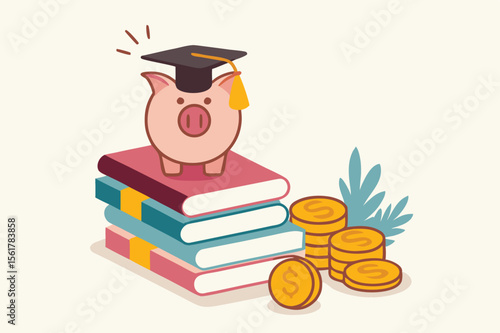 Education fund, collect money for school, college and university cost or student scholarship or loan concept, pink piggy bank wearing graduated hat on stack on school textbooks and dollar money coins.