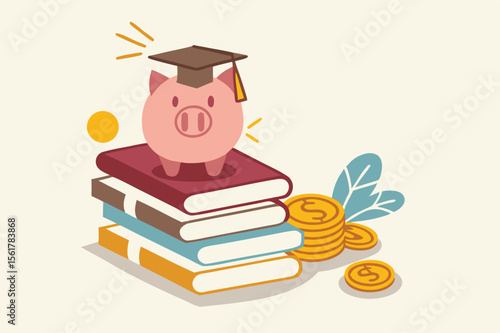 Education fund, collect money for school, college and university cost or student scholarship or loan concept, pink piggy bank wearing graduated hat on stack on school textbooks and dollar money coins.