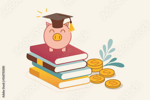 Education fund, collect money for school, college and university cost or student scholarship or loan concept, pink piggy bank wearing graduated hat on stack on school textbooks and dollar money coins.