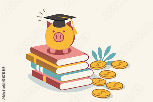 Education fund, collect money for school, college and university cost or student scholarship or loan concept, pink piggy bank wearing graduated hat on stack on school textbooks and dollar money coins.
