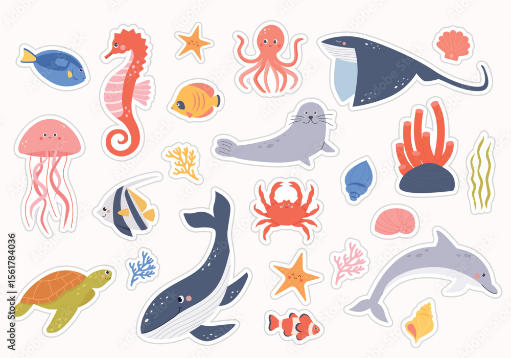 Obraz premium A Set of Sea Animals Stickers. Stingray,dolphin,whale,crab,octopus,jellyfish,seahorse,starfish,seaweeds,shell,sea turtle,seal,fishes,coral reef on isolated background.Vector illustration cartoon flat 