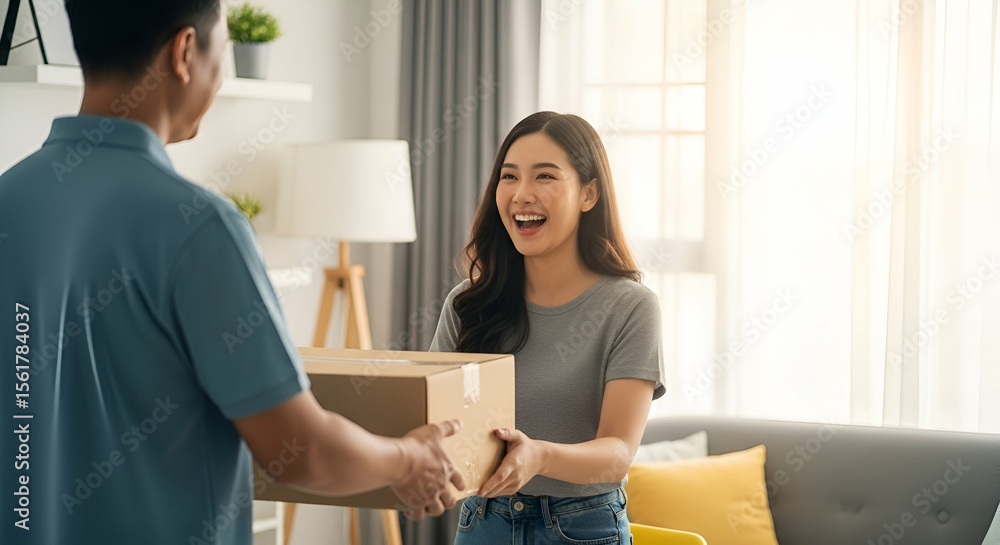 Happy woman receiving package delivery at home with a bright and cozy interior, showcasing joy and surprise in modern living environment Happy woman receiving package delivery at home with a bright and cozy interior, showcasing joy and surprise in modern living environment