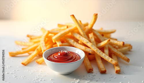 Crispy golden French fries in a bowl with a small white bowl of ketchup, set on a minimalist white background.  
