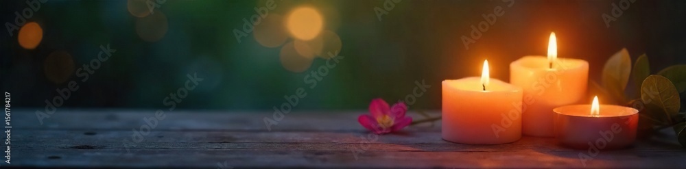 Warm Candlelight Creates a Relaxing Spa-Like Ambiance on Wooden Surface; Perfect for Home Decor, Wellness, and Relaxation Themes Warm Candlelight Creates a Relaxing Spa-Like Ambiance on Wooden Surface; Perfect for Home Decor, Wellness, and Relaxation Themes