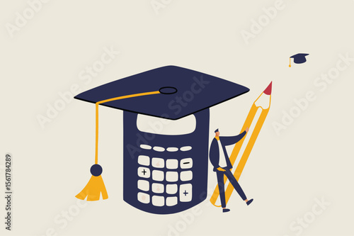 Graduate student standing with mortar board hat calculator. Student loan calculation, education budget allocation, university expense and debt pay off or scholarship payment. stock illustration