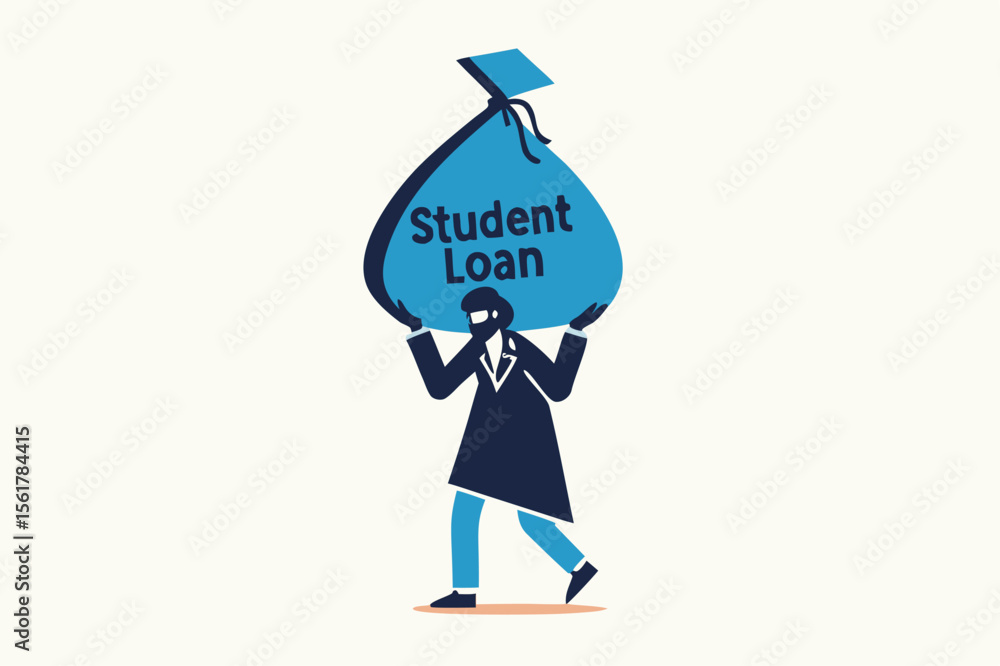 Student loan, saving for school, university or college study cost concept, graduated student wearing graduation ceremony suit holding heavy expensive student loan money bag Student loan, saving for school, university or college study cost concept, graduated student wearing graduation ceremony suit holding heavy expensive student loan money bag