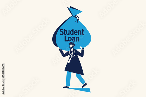 Student loan, saving for school, university or college study cost concept, graduated student wearing graduation ceremony suit holding heavy expensive student loan money bag