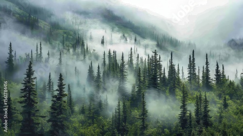 Sunbeams piercing through fog in a serene forest of spruce trees
