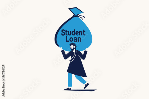 Student loan, saving for school, university or college study cost concept, graduated student wearing graduation ceremony suit holding heavy expensive student loan money bag