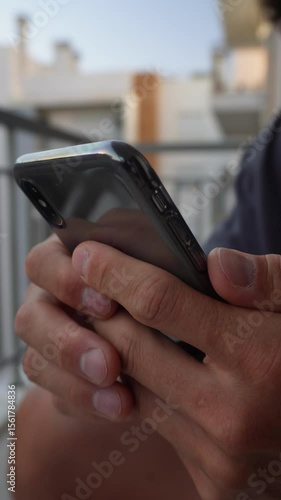 Scrolling on smartphone – vertical video. Man Hands holding smartphone and scrolling through social media app feed. Vertical 9:16 close-up of natural finger gestures, digital interaction